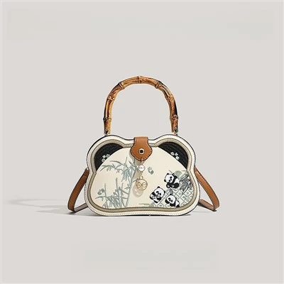 Panda Design Tote Handbags With Bamboo Handle